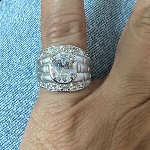 Silver Tone Wide Band CZ Ring Size 6 #620